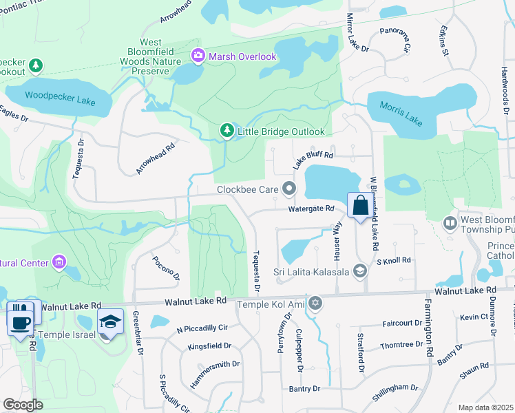 map of restaurants, bars, coffee shops, grocery stores, and more near 5318 Watergate Road in West Bloomfield Township