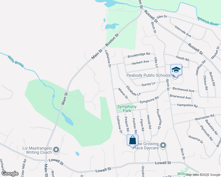 map of restaurants, bars, coffee shops, grocery stores, and more near 60 Catherine Drive in Peabody