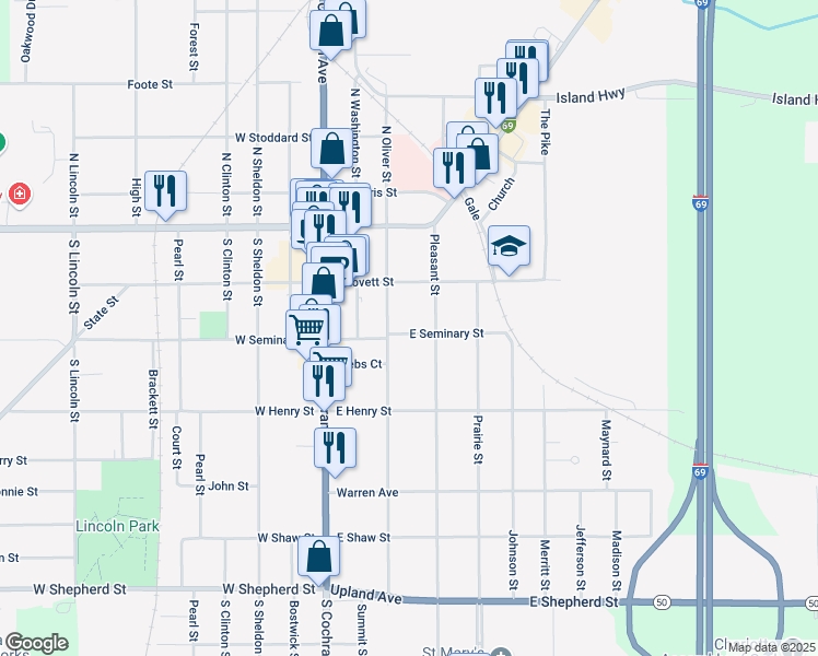 map of restaurants, bars, coffee shops, grocery stores, and more near 321 East Seminary Street in Charlotte