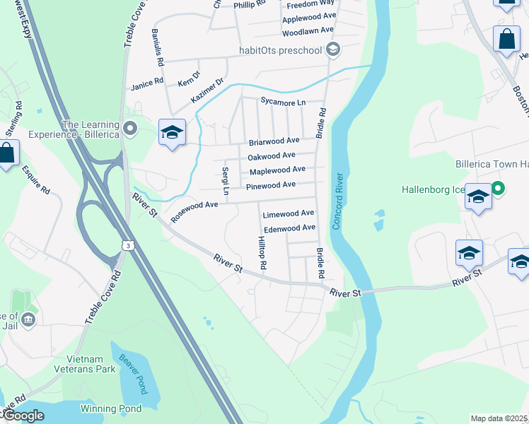 map of restaurants, bars, coffee shops, grocery stores, and more near 25 Limewood Avenue in Billerica