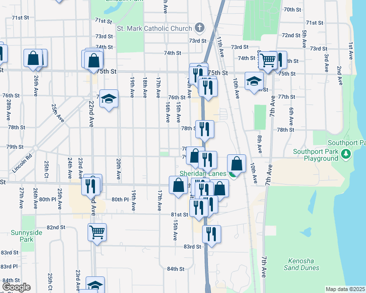 map of restaurants, bars, coffee shops, grocery stores, and more near 1416 78th Place in Kenosha