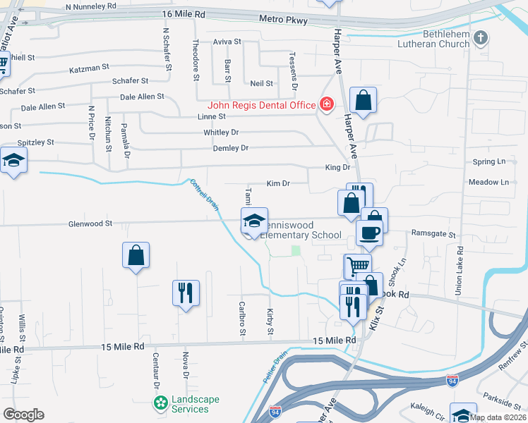 map of restaurants, bars, coffee shops, grocery stores, and more near 23515 Glenwood Street in Macomb County