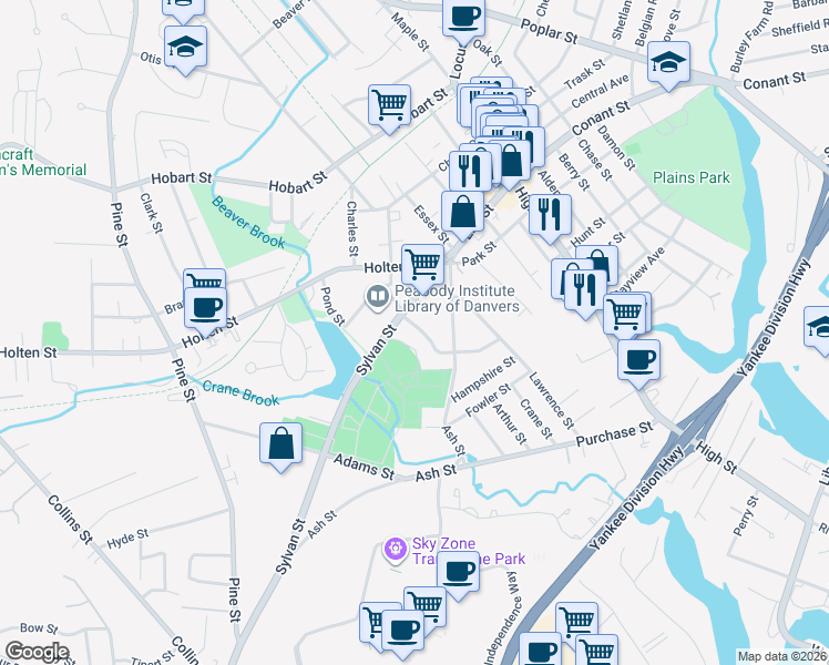 map of restaurants, bars, coffee shops, grocery stores, and more near 5 Chester Street in Danvers