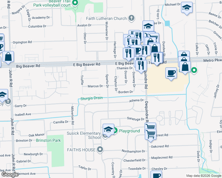 map of restaurants, bars, coffee shops, grocery stores, and more near 2664 Sparta Drive in Troy