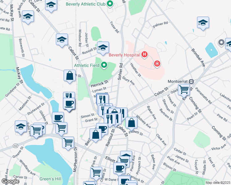 map of restaurants, bars, coffee shops, grocery stores, and more near 37 Mason Street in Beverly