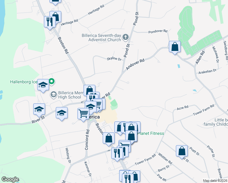 map of restaurants, bars, coffee shops, grocery stores, and more near 29 Andover Road in Billerica