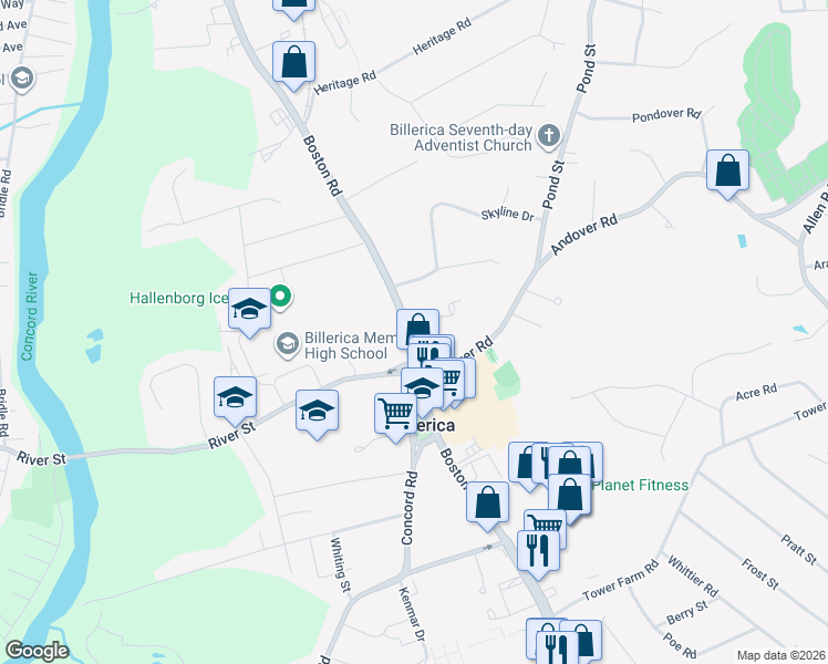 map of restaurants, bars, coffee shops, grocery stores, and more near 398 Boston Road in Billerica
