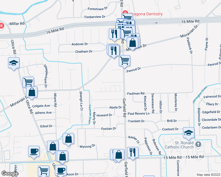 map of restaurants, bars, coffee shops, grocery stores, and more near 36010 Chapel Court in Clinton Township
