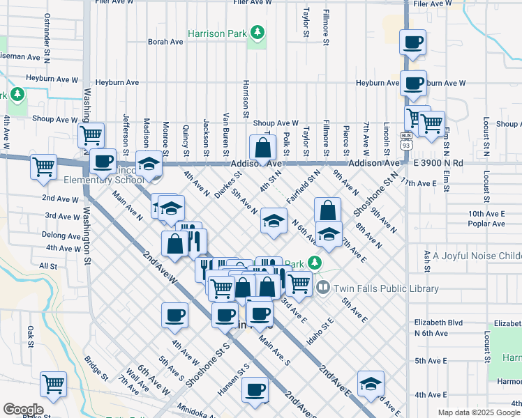 map of restaurants, bars, coffee shops, grocery stores, and more near 336 5th Avenue North in Twin Falls