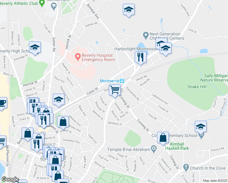 map of restaurants, bars, coffee shops, grocery stores, and more near 5 Hawthorne St in Beverly