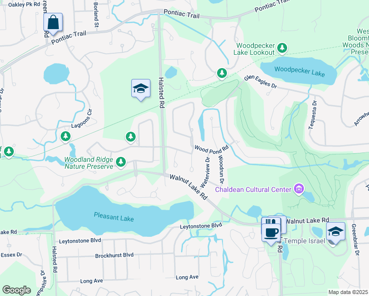 map of restaurants, bars, coffee shops, grocery stores, and more near 6392 Wood Pond Road in Oakland County