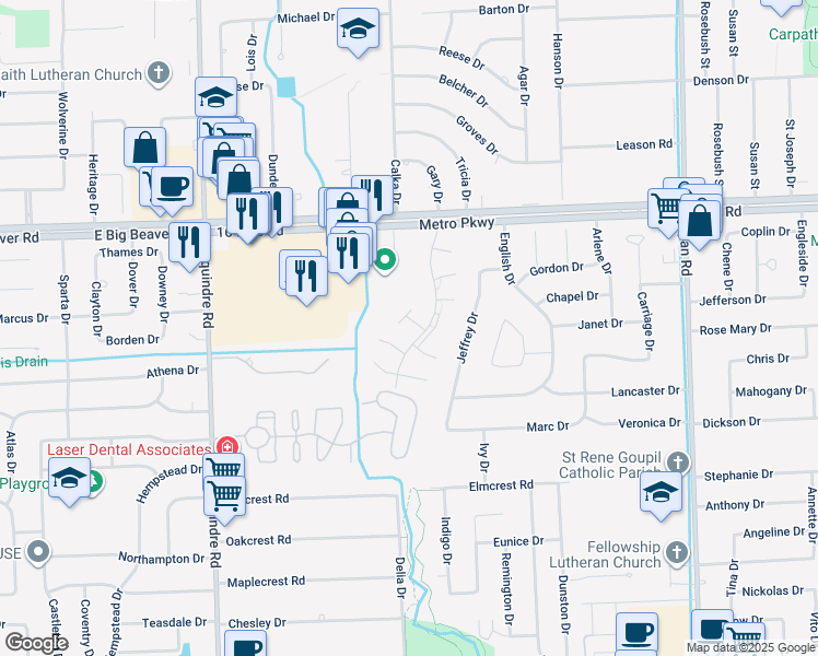 map of restaurants, bars, coffee shops, grocery stores, and more near 36503 Park Place Drive in Sterling Heights