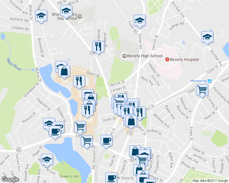 map of restaurants, bars, coffee shops, grocery stores, and more near 9 Lyman Street in Beverly