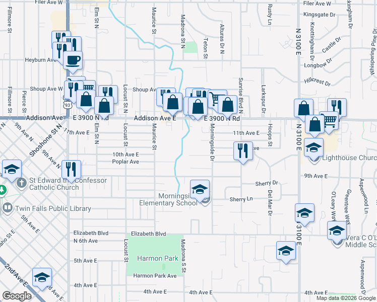 map of restaurants, bars, coffee shops, grocery stores, and more near 1817 Spring Lane in Twin Falls