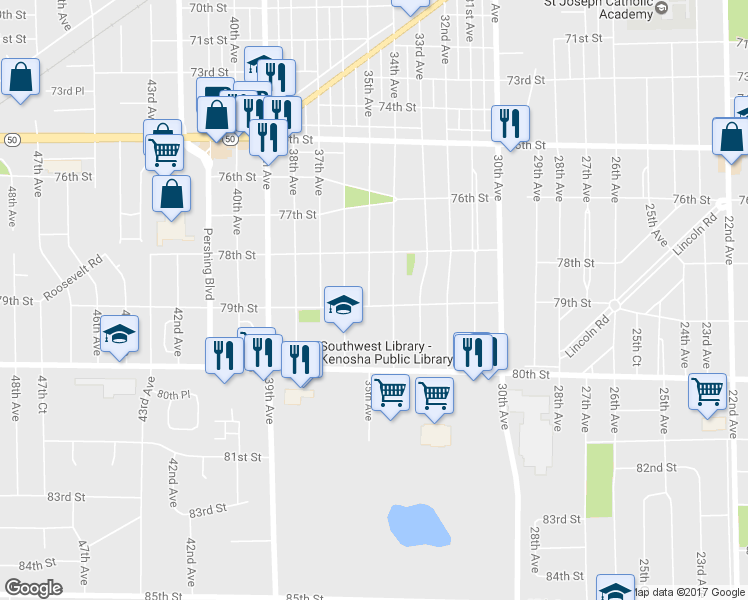 map of restaurants, bars, coffee shops, grocery stores, and more near 7853 35th Avenue in Kenosha