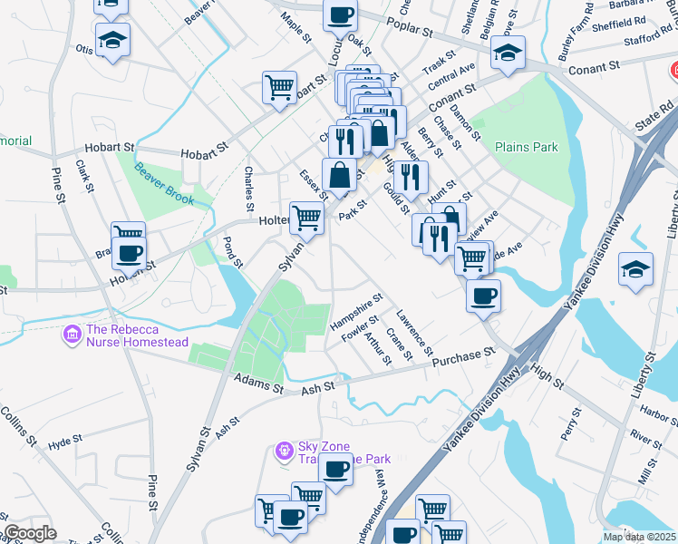 map of restaurants, bars, coffee shops, grocery stores, and more near 18 Ash Street in Danvers