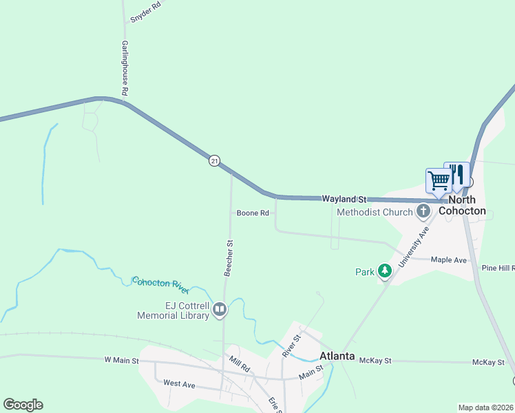 map of restaurants, bars, coffee shops, grocery stores, and more near 4117 Boone Road in Wayland