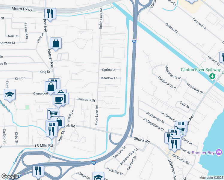 map of restaurants, bars, coffee shops, grocery stores, and more near 24671 Lake Meadow Drive in Harrison Township
