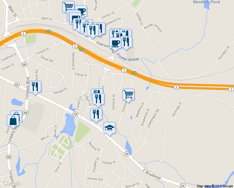 map of restaurants, bars, coffee shops, grocery stores, and more near 142 Summer St in Gardner