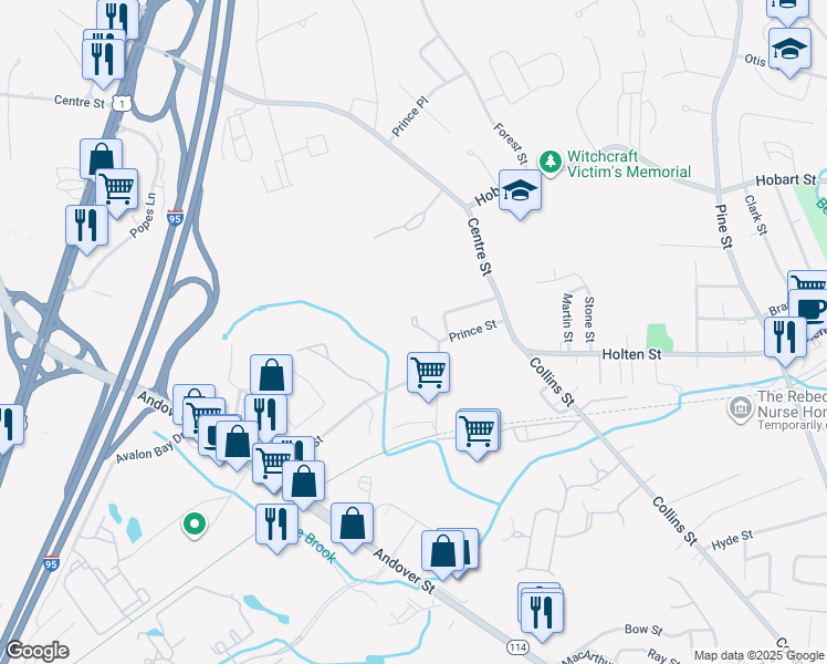 map of restaurants, bars, coffee shops, grocery stores, and more near 23 Prince Street in Danvers