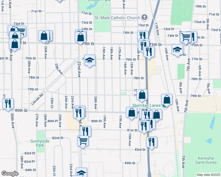 map of restaurants, bars, coffee shops, grocery stores, and more near 7836 18th Avenue in Kenosha