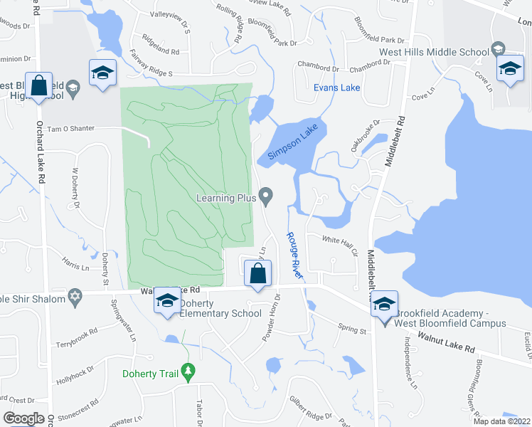 map of restaurants, bars, coffee shops, grocery stores, and more near 5265 Simpson Lake Road in West Bloomfield Township