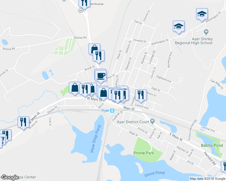map of restaurants, bars, coffee shops, grocery stores, and more near 28 West Street in Ayer