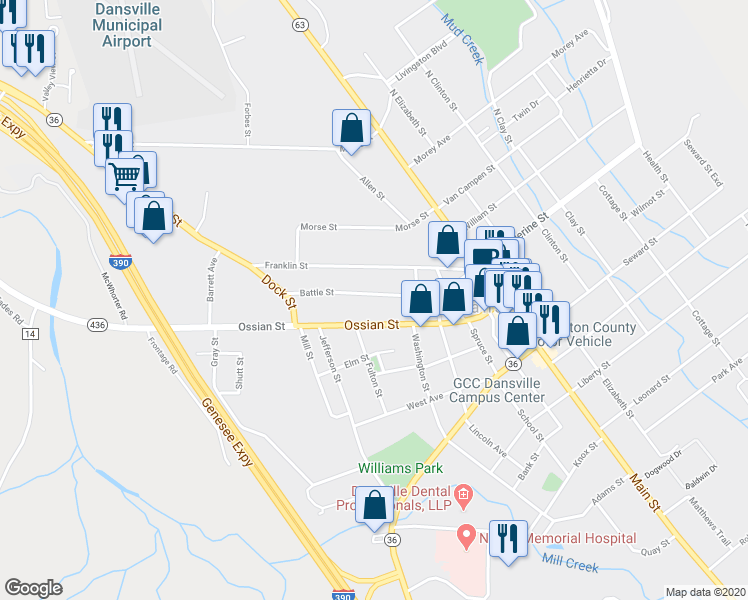 map of restaurants, bars, coffee shops, grocery stores, and more near 50 Ossian Street in Dansville