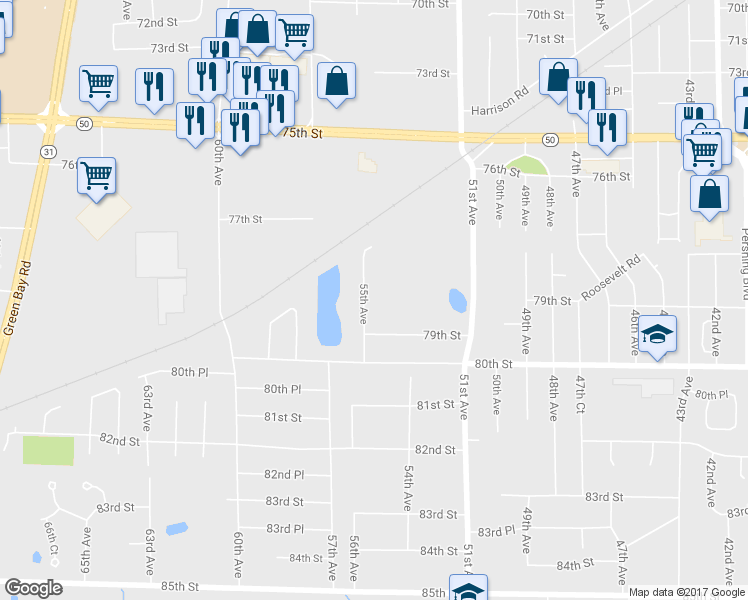 map of restaurants, bars, coffee shops, grocery stores, and more near 7813 55th Avenue in Kenosha