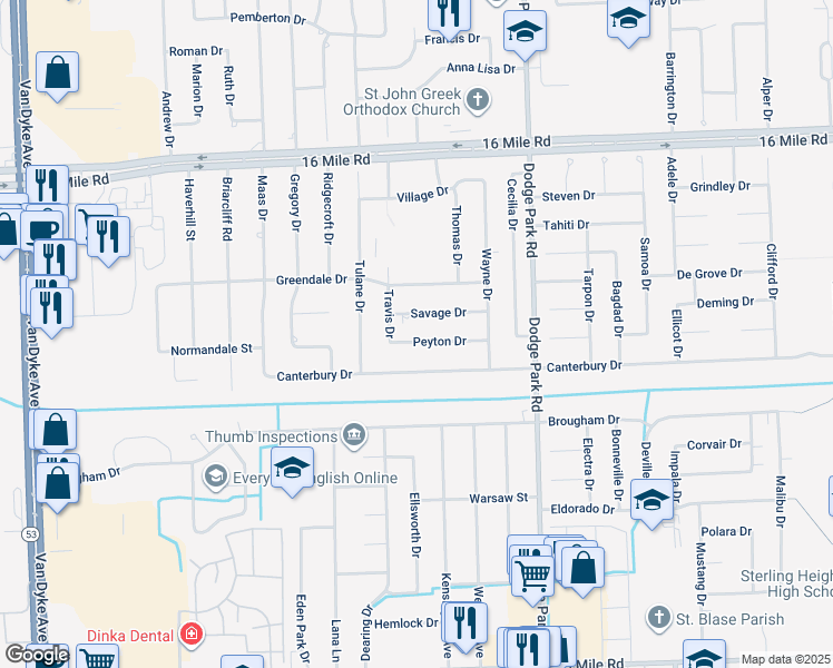 map of restaurants, bars, coffee shops, grocery stores, and more near 11349 Peyton Dr in Sterling Heights