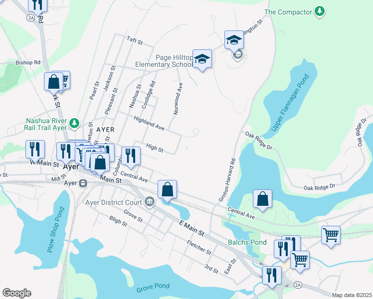 map of restaurants, bars, coffee shops, grocery stores, and more near 15 Winthrop Avenue in Ayer