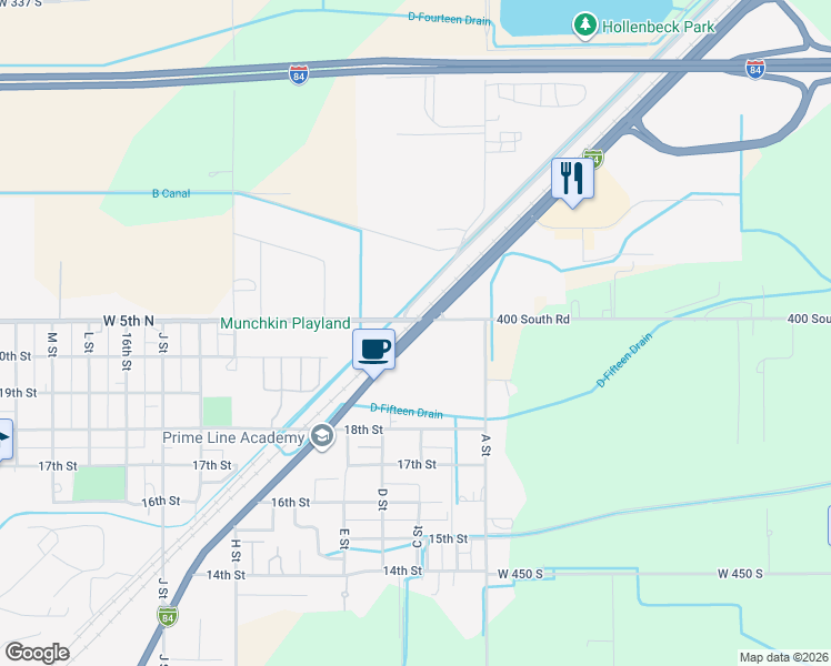 map of restaurants, bars, coffee shops, grocery stores, and more near U.S. 30 in Heyburn