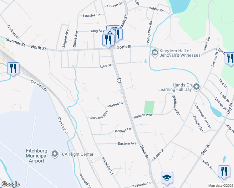 map of restaurants, bars, coffee shops, grocery stores, and more near 1160 Main Street in Leominster