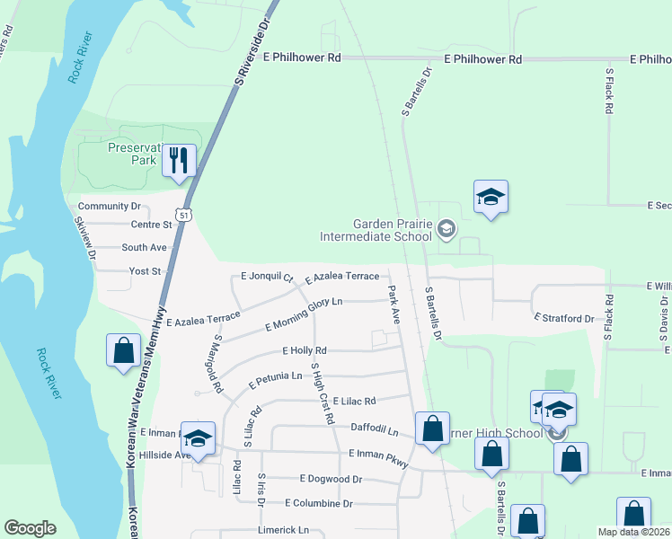map of restaurants, bars, coffee shops, grocery stores, and more near 825 East Azalea Terrace in Beloit