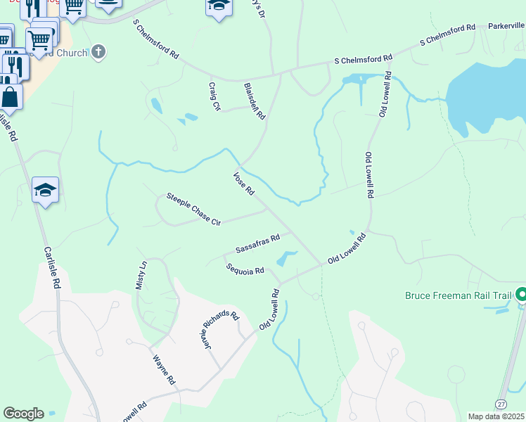 map of restaurants, bars, coffee shops, grocery stores, and more near 4 Steeple Chase Circle in Westford