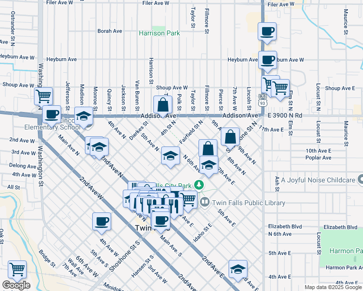 map of restaurants, bars, coffee shops, grocery stores, and more near 259 6th Avenue East in Twin Falls