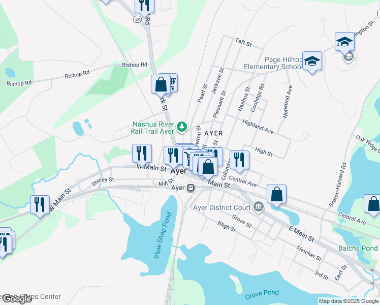 map of restaurants, bars, coffee shops, grocery stores, and more near 28 West Street in Ayer
