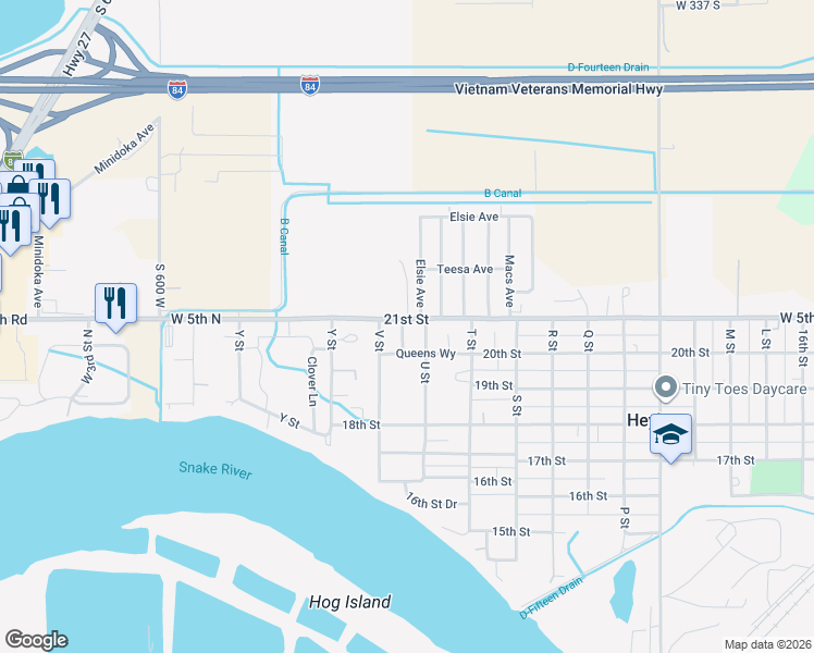 map of restaurants, bars, coffee shops, grocery stores, and more near 2031 U Street in Heyburn