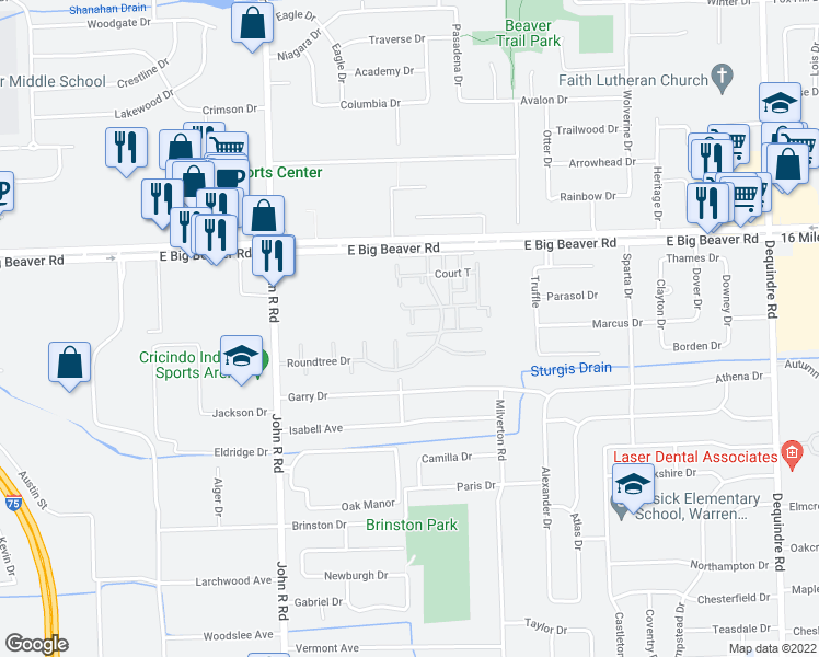 map of restaurants, bars, coffee shops, grocery stores, and more near 2877 Roundtree Drive in Troy