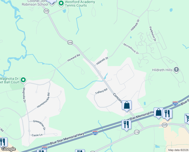 map of restaurants, bars, coffee shops, grocery stores, and more near 109 Concord Road in Westford
