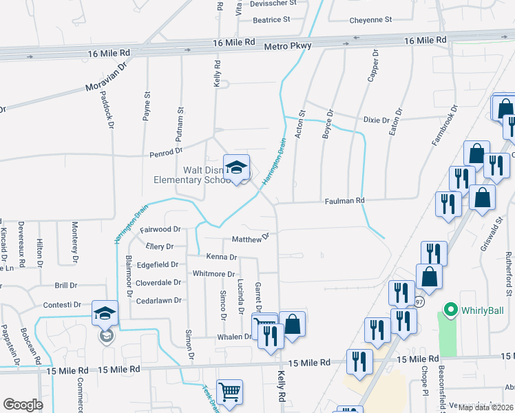 map of restaurants, bars, coffee shops, grocery stores, and more near 35925 Kelly Road in Clinton Township