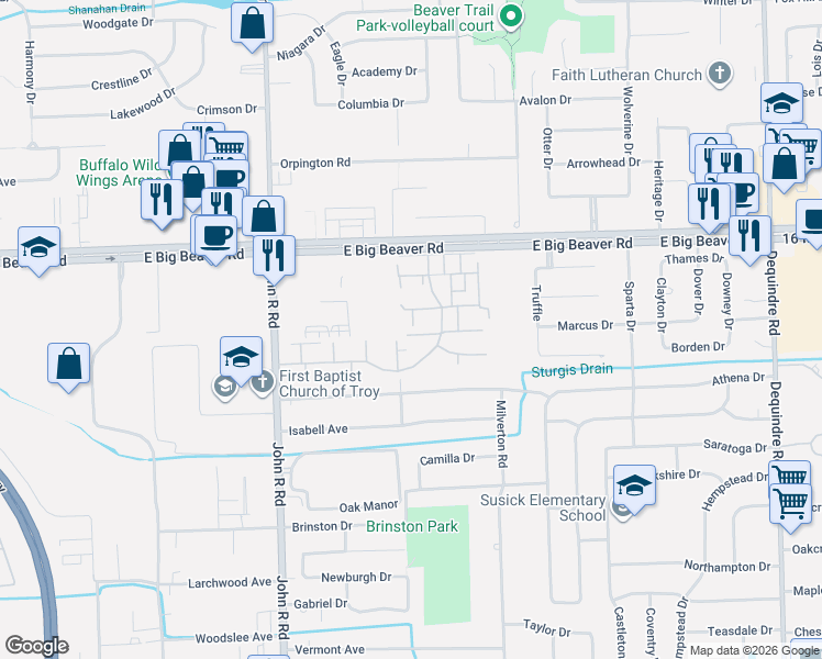 map of restaurants, bars, coffee shops, grocery stores, and more near 2877 Roundtree Drive in Troy