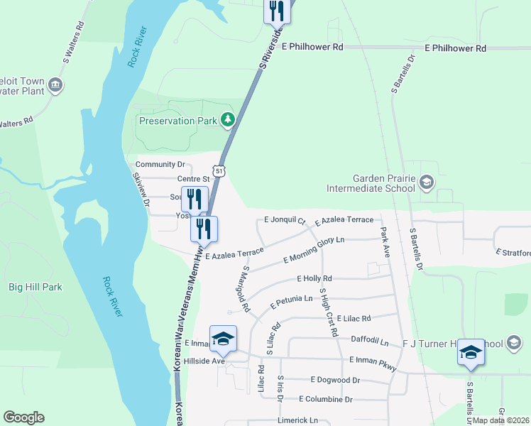 map of restaurants, bars, coffee shops, grocery stores, and more near 727 East Jonquil Court in Beloit