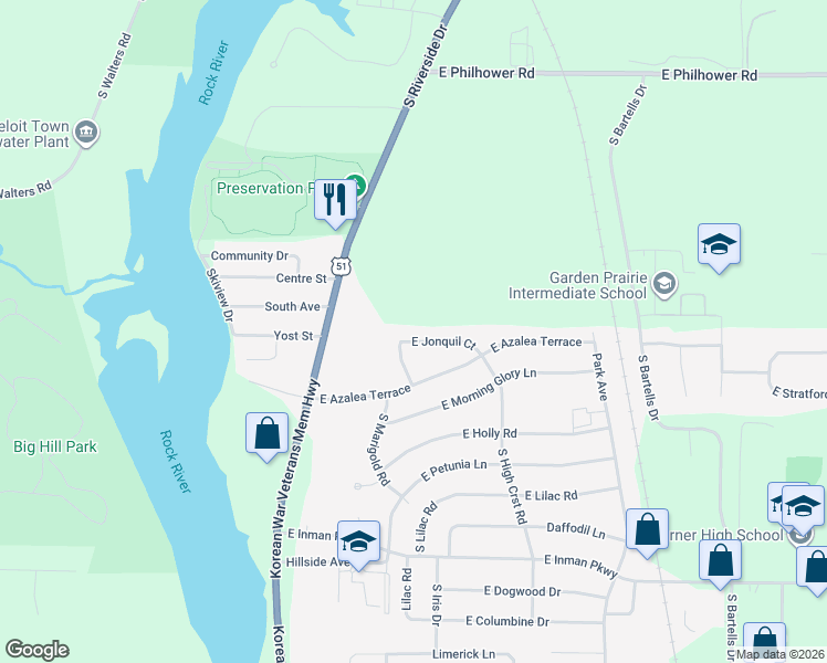 map of restaurants, bars, coffee shops, grocery stores, and more near 727 East Jonquil Court in Beloit