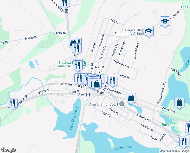 map of restaurants, bars, coffee shops, grocery stores, and more near 10 Cambridge Street in Ayer
