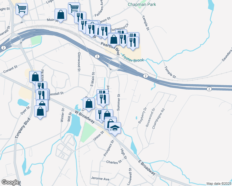 map of restaurants, bars, coffee shops, grocery stores, and more near 142 Summer Street in Gardner