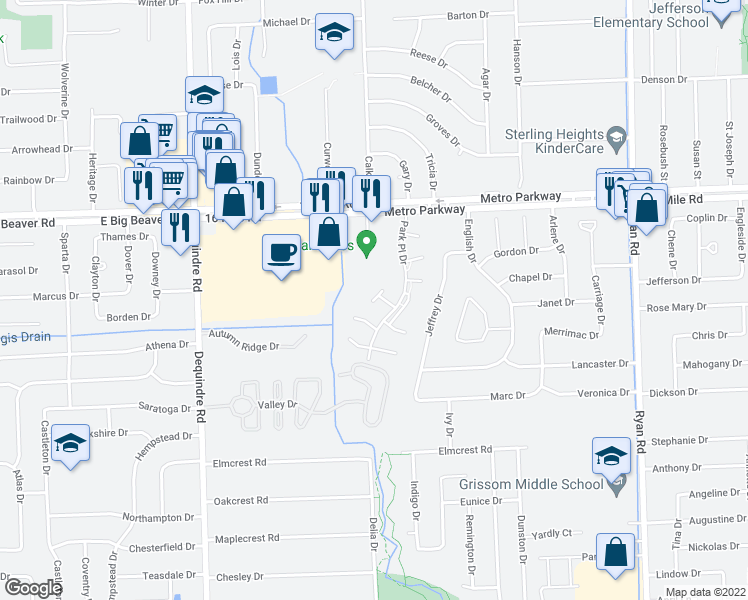 map of restaurants, bars, coffee shops, grocery stores, and more near 36503 Park Place Drive in Sterling Heights
