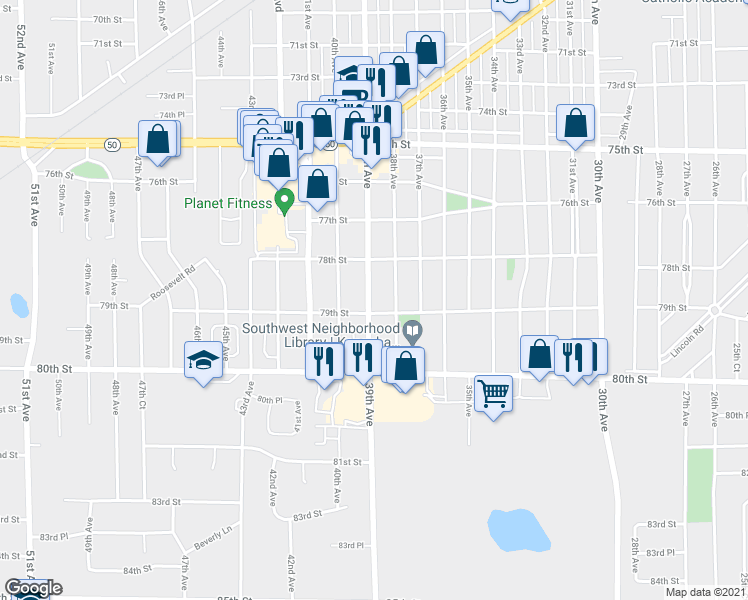 map of restaurants, bars, coffee shops, grocery stores, and more near 7845 39th Avenue in Kenosha