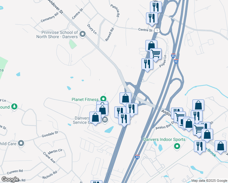 map of restaurants, bars, coffee shops, grocery stores, and more near 238 Andover Street in Danvers