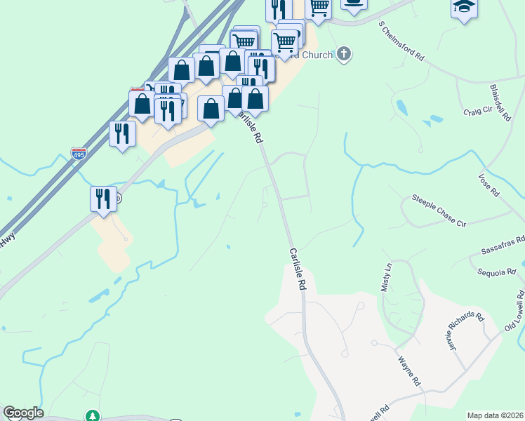 map of restaurants, bars, coffee shops, grocery stores, and more near 23 Carlisle Road in Westford